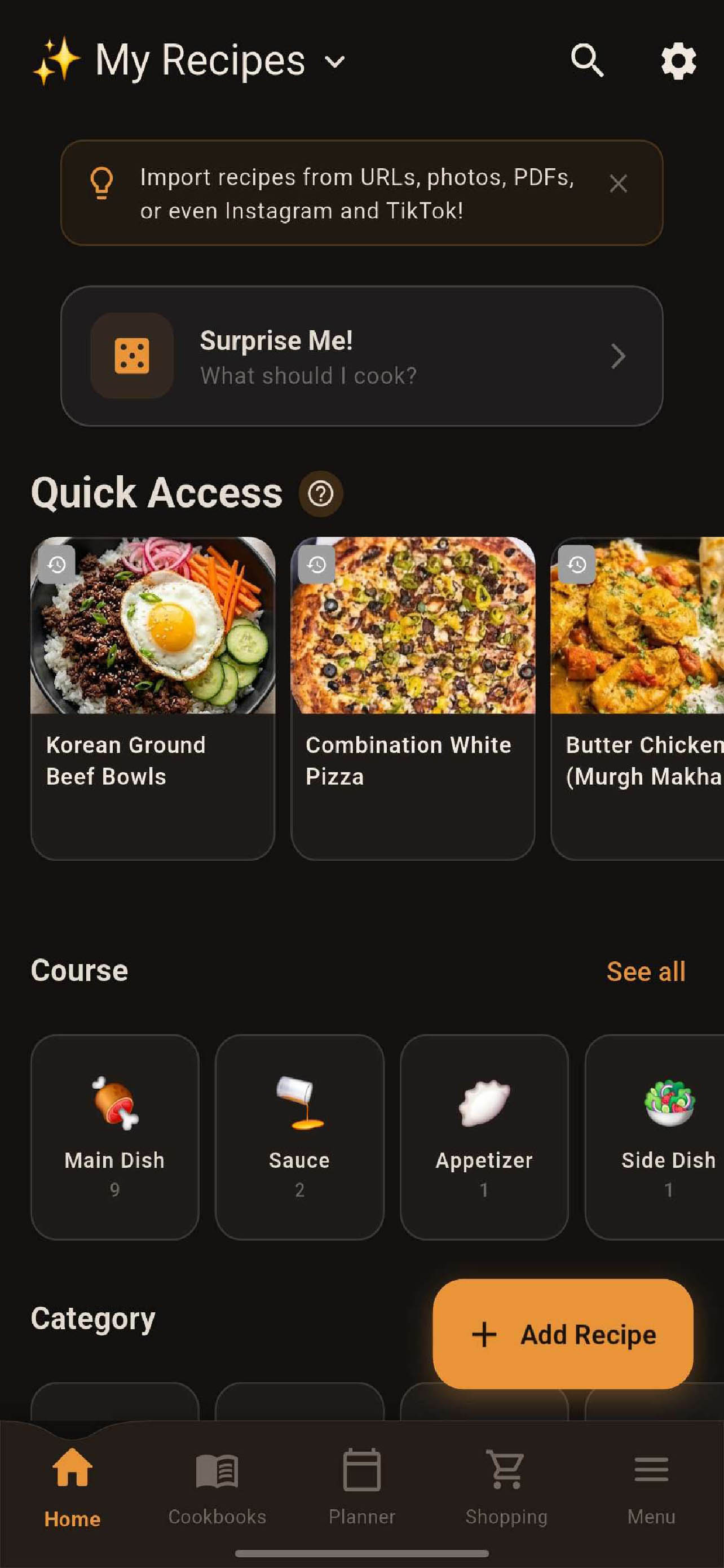Recipe Spellbook home screen showing recipes and meal categories
