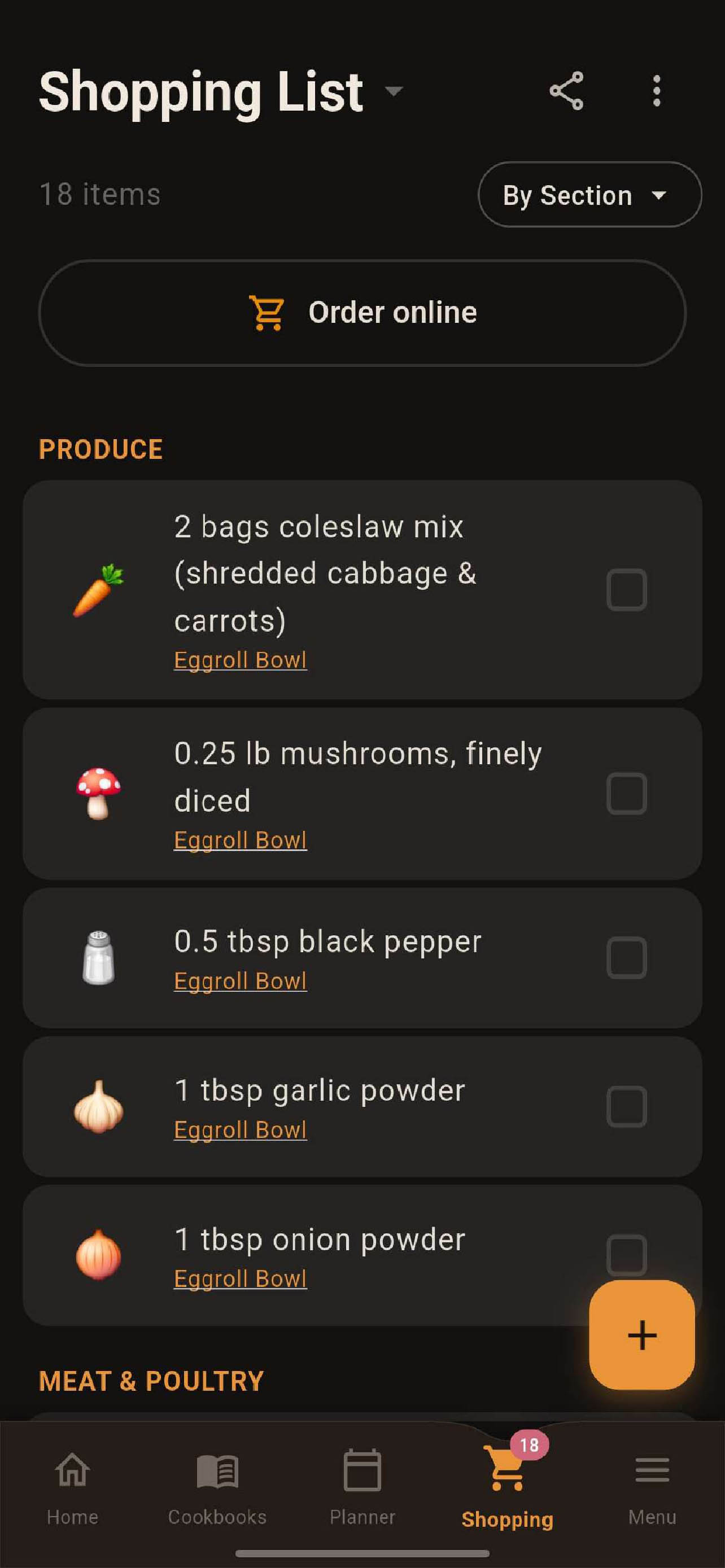Smart shopping list organized by section